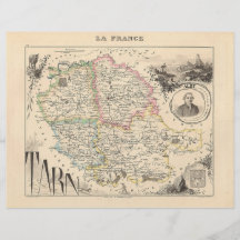 1858 mapa do departamento de Tarn, France Panfletos