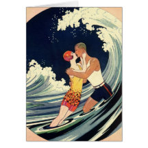 Amor no surf, beijo romântico do vintage pela prai cartão