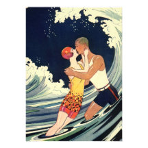 Amor no surf, beijo romântico do vintage pela prai convites personalizado