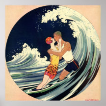 Amor no surf, beijo romântico do vintage pela prai pôsteres