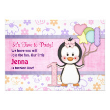 Aniversário da menina de Cutie- do pinguim primeir Convite Personalizados