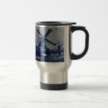 Azulejo azul antigo de Delft - moinhos de vento pe Caneca