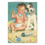 Bebê bonito do vintage que fala no cão de filhote  cartoes