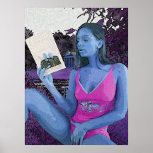 Brunette azul que lê um bom livro pôsteres