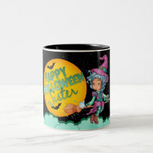 caneca do Dia das Bruxas da irmã com a bruxa peque