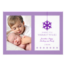 Cartão com fotos roxo do feriado do floco de neve convite personalizado