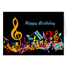 Cartão de aniversário colorido das notas musicais