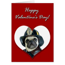 Cartão do dia dos namorados do pug do bombeiro