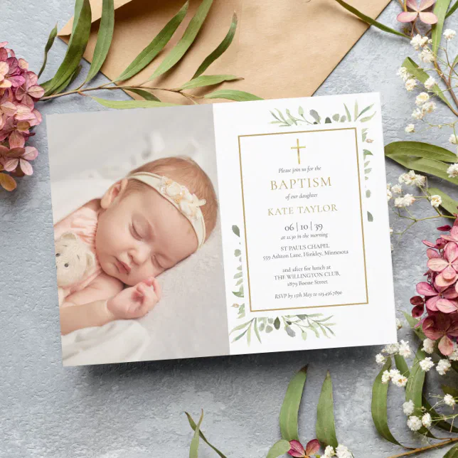 Cart O Postal De Convite Elegante Greenery Baptism Christening Foto