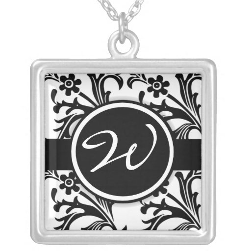 Colar inicial Monogrammed do damasco floral preto