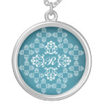 Colar Monogrammed do damasco azul e branco
