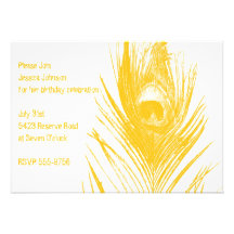 Convite amarelo do aniversário do pavão