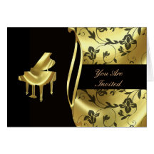 Convite dourado elegante do piano de cauda cartao