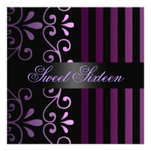 Convite roxo/preto do doce 16 da listra & do redem