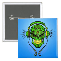 Crânio do açúcar do DJ - verde e azul Botons
