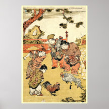 Crianças japonesas e galo do ukiyo-e legal do vint pôsteres