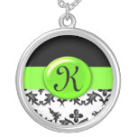 Damasco preto e branco com o verde limão Monogramm Bijuteria