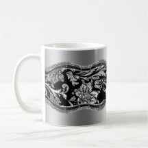 Damascos florais 2 do vintage de prata preto & met caneca