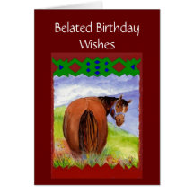 Desejos tardivos engraçados do aniversário, cavalo cartao