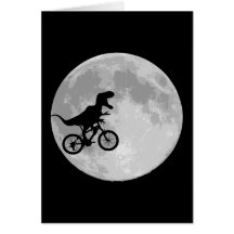 Dinossauro em uma bicicleta no céu com lua cartoes
