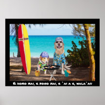 Dois cães do surfista na praia posters