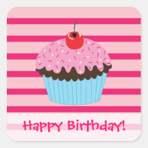 Feliz aniversario! Etiquetas do cupcake do rosa e  Adesivo Quadrado