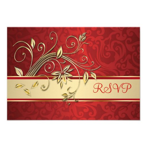 Flores douradas no casamento tema damasco vermelho convite personalizados