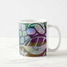 Folhas e flores cinzeladas mão - no azul verde caneca