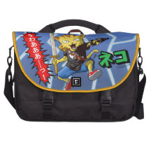 Gato engraçado dos desenhos animados com arma e es bolsa para laptop