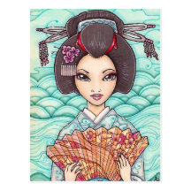 Gueixa no cartão azul da arte de Ukiyoe do japonês Cartões Postais