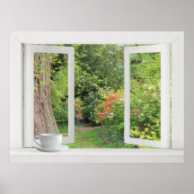 Jardim - janela aberta com vista bonito poster