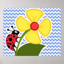 Joaninha & flor; Teste padrão azul de Chevron Posters