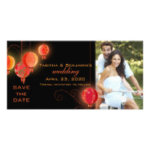 Lanternas chinesas vermelhas & pretas que Wedding  Cartão Com Fotos Personalizado