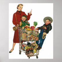 Mamã do vintage com seus miúdos em compras na merc posteres