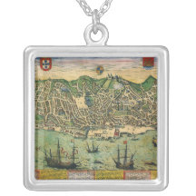 Mapa antigo do vintage; Plano de cidade de Lisboa, Bijuteria Personalizada