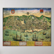 Mapa antigo do vintage; Plano de cidade de Lisboa, Poster