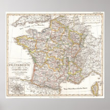 Mapa do vintage de France (1850) Posteres