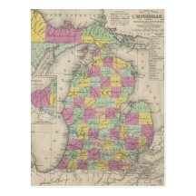 Mapa do vintage de Michigan (1853) Cartao Postal