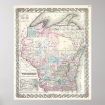 Mapa do vintage de Wisconsin (1855) Poster