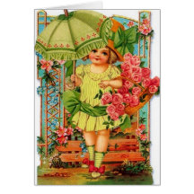 Menina do Victorian com o cartão de nota dos rosas