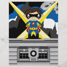 Menino do super-herói no telhado panfletos