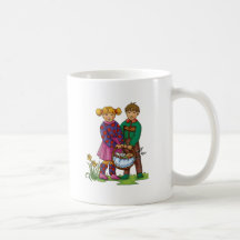 Menino e menina com cogumelos - caneca