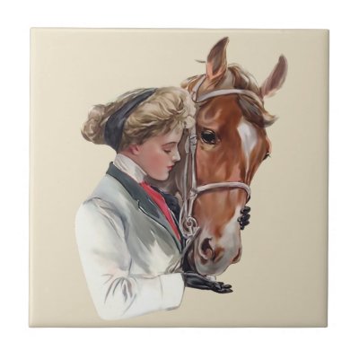 Mulher com seu cavalo favorito azulejo. Esta cena do vintage com cavalo e400 Mulher com seu cavalo favorito azulejo. Esta cena do vintage com cavalo e400