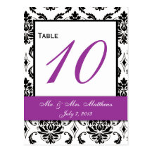 Número preto roxo da mesa do casamento tema damasc cartoes postais