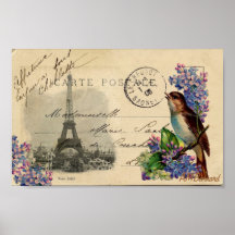 Pássaro do cartão de Paris em Lilacs poster ou imp