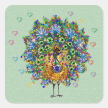 Pavão do amor do arco-íris adesivo quadrado