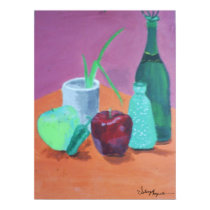 Pintura da vida dos frutos e das garrafas ainda posters