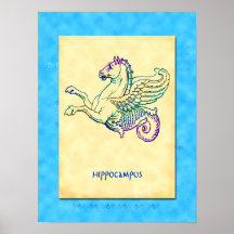 Poster grego da arte do vintage do cavalo de mar d