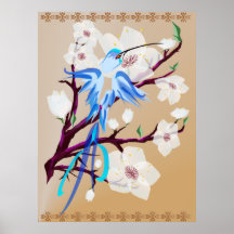 Posters azuis do colibri e das flores de cerejeira