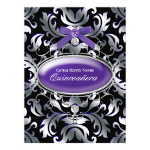Roxo roxo de prata preto Quinceanera do damasco Convite